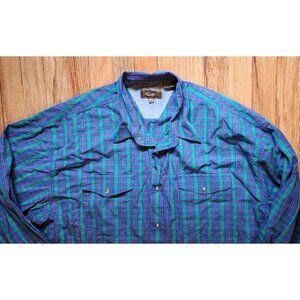 Roper Shirt 2XL Blue Green Plaid Western Pearl Snap Cowboy Long Sleeve Vintage
